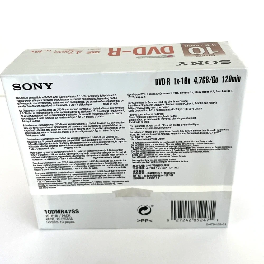 Sony DVD-R 4.7GB 120min 1x-16x AccuCORE Blank Media 10 Pack Slim Cases 10DMR47SS